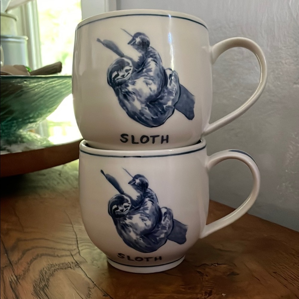 Rare Molly hatch sloth mug pair. Blue and white.